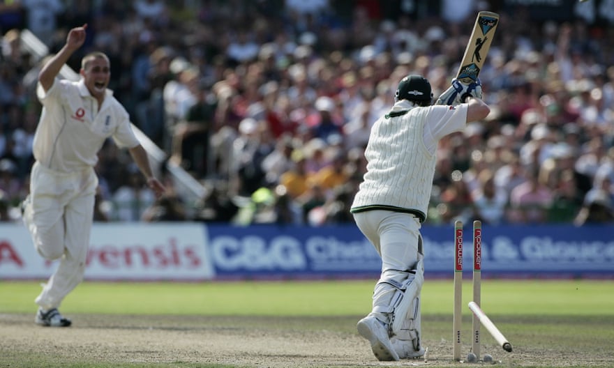 Simon Jones bowls Michael Clarke, also at Old Trafford, in the 2005 Ashes