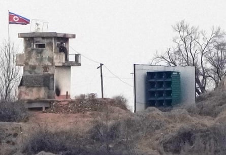 A North Korean military guard post featuring loudspeakers, seen in February 2026.