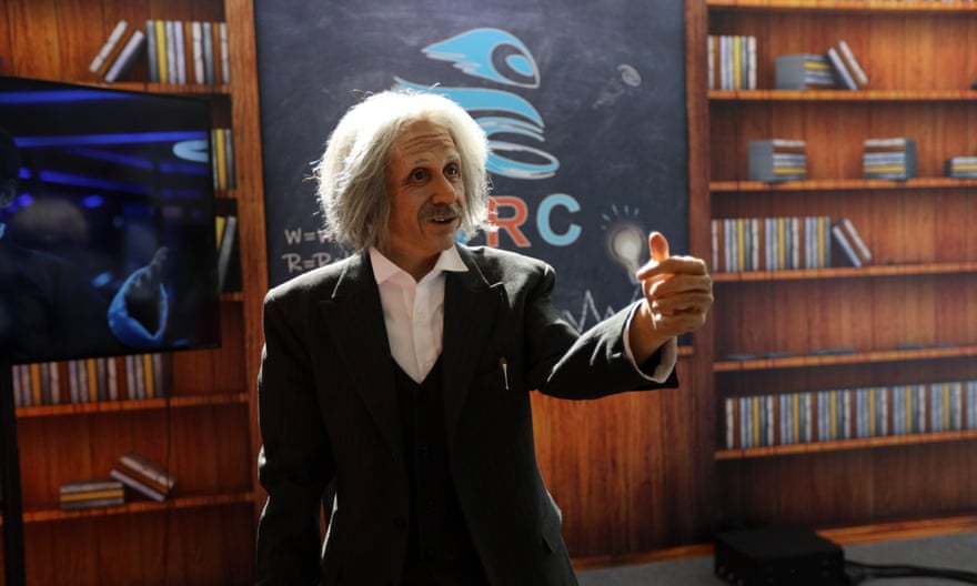 A humanoid robot with a face resembling Einstein at the World Robot Conference, Beijing, September 2021.