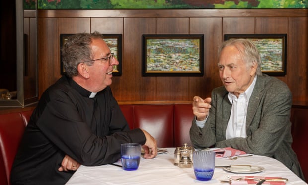 Rev Richard Coles and Richard Dawkins sitting at a table at the Colony Grill in London