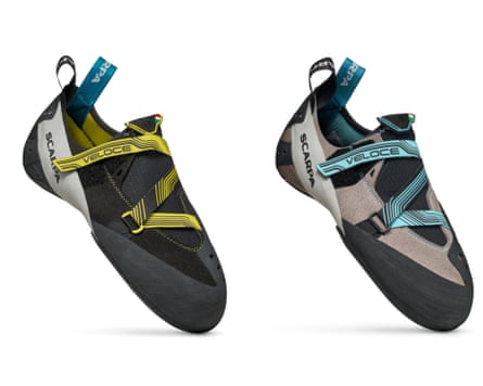 Scarpa Veloce climbing shoes men’s and women’s. One has yellow strap details and one has electric blue strap details