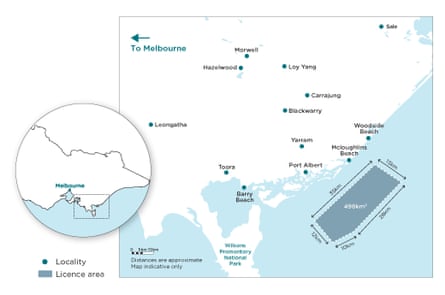 A map of the proposal to construct a 2.2GW windfarm in Bass Strait off Port Albert and Mcloughlins Beach in South Gippsland.