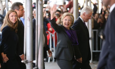 Hillary Clinton waves to a crowd as she arrives to speak to her staff and supporters after losing the race for the White House.