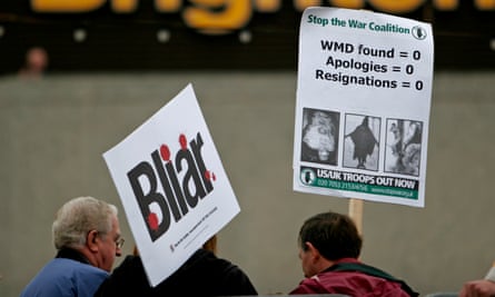 Protesters outside the Labour party conference in Brighton in 2004 with a ‘Bliar’ placard