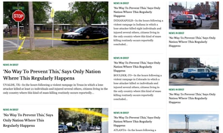 A screenshot of the Onion website shows several different stories all with the same headline: 'No way to prevent this' says only nation where this regularly happens.