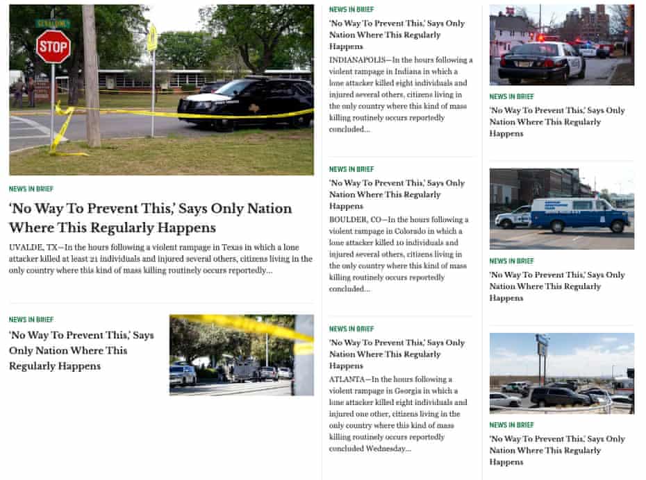 A screenshot of the Onion website shows several different stories all with the same headline: 'No way to prevent this' says only nation where this regularly happens.
