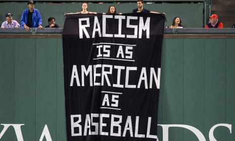 The banner is displayed at Fenway Park during the MLB game between the Boston Red Sox and Oakland A’s.