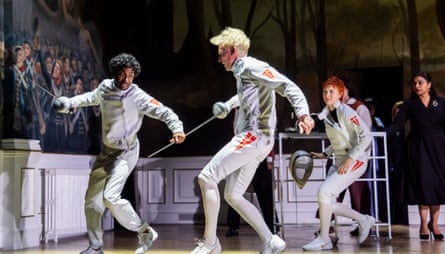 Fluid … Hiran Abeysekera (Hamlet), Tom Glenister (Laertes) and Mary Higgins (Osric) in Hamlet.