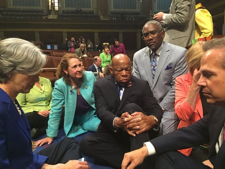John Lewis and other members of Congress staging a sit-in on the floor of the House of Representatives in 2016, demanding that the Republican-led body vote on gun-control legislation following the Orlando nightclub massacre.