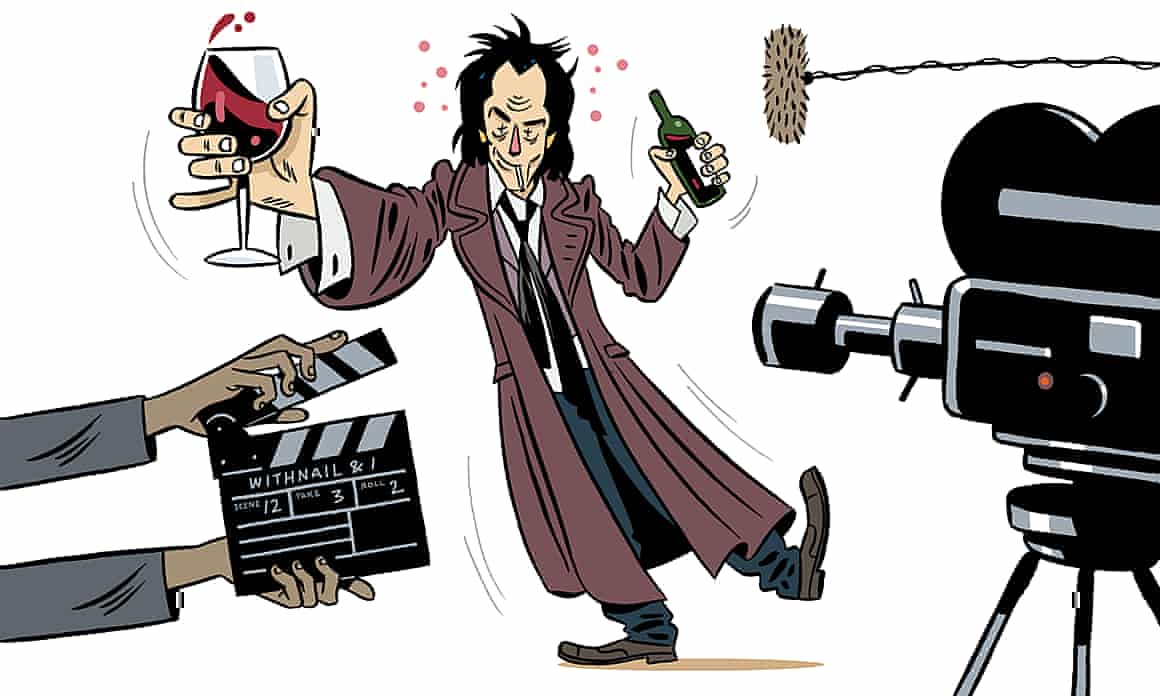 Cartoon drawing of Richard E Grant drinking wine in front of a camera
