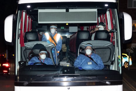 A bus carrying passengers and crew being repatriated from the MV Hondius.