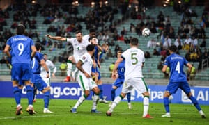 Chiedozie Ogbene (centre) heads home the Republic of Ireland’s third.