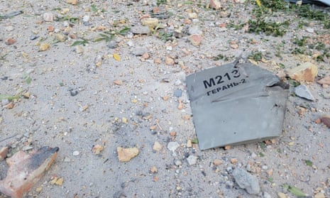 Part of an unmanned aerial vehicle that Ukrainian authorities consider to be an Iranian-made Shahed-136, reportedly shot down in Odesa.
