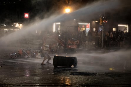 Water cannon being used on protesters on Monday night.
