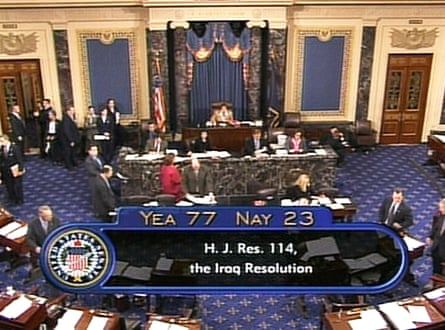 This television graphic shows the final US Senate vote on Joint Resolution 114 on 11 October 2002 in Washington DC.