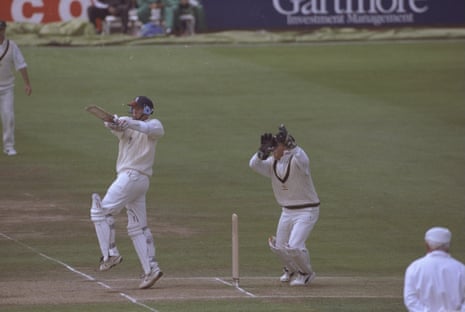 The then-England captain Mike Atherton plays a shot off the back foot during the second test match against Australia at Lord’s in 1997.