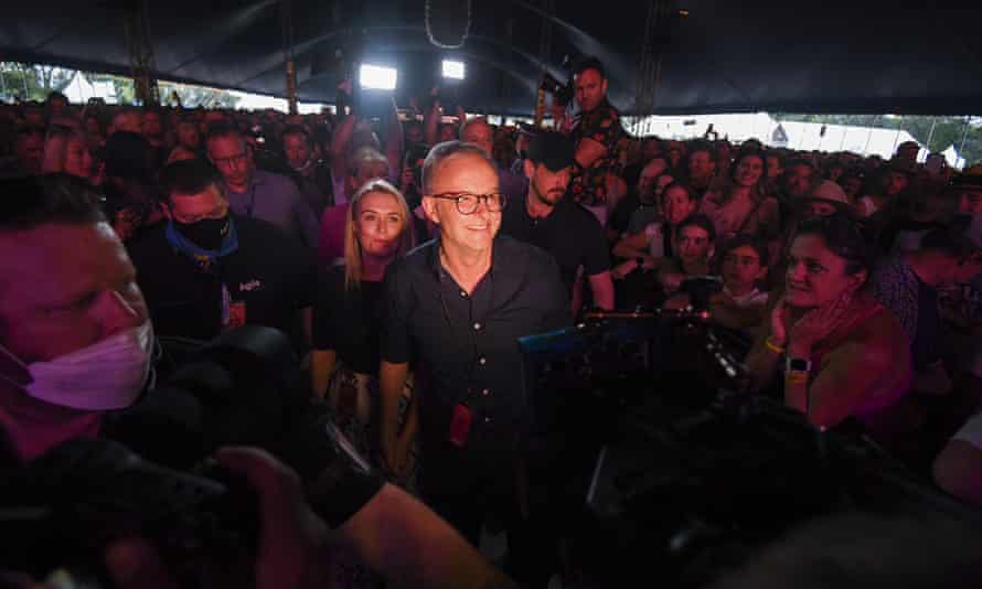 Anthony Albanese and partner Jodie Haydon greet festival goers at the Byron Bay Bluesfest in April. The live music sector was devastated by the Covid-19 lockdowns and restictions.