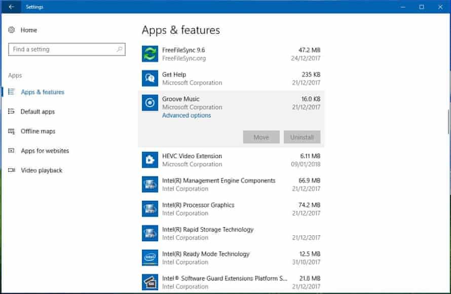 Apps & features lists your apps and programs and tells you how much space each is taking up.