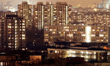 A general view of a council housing estate at night in central London