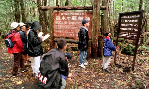 Schoolchildren read signs posted in the Aokigahara forest.