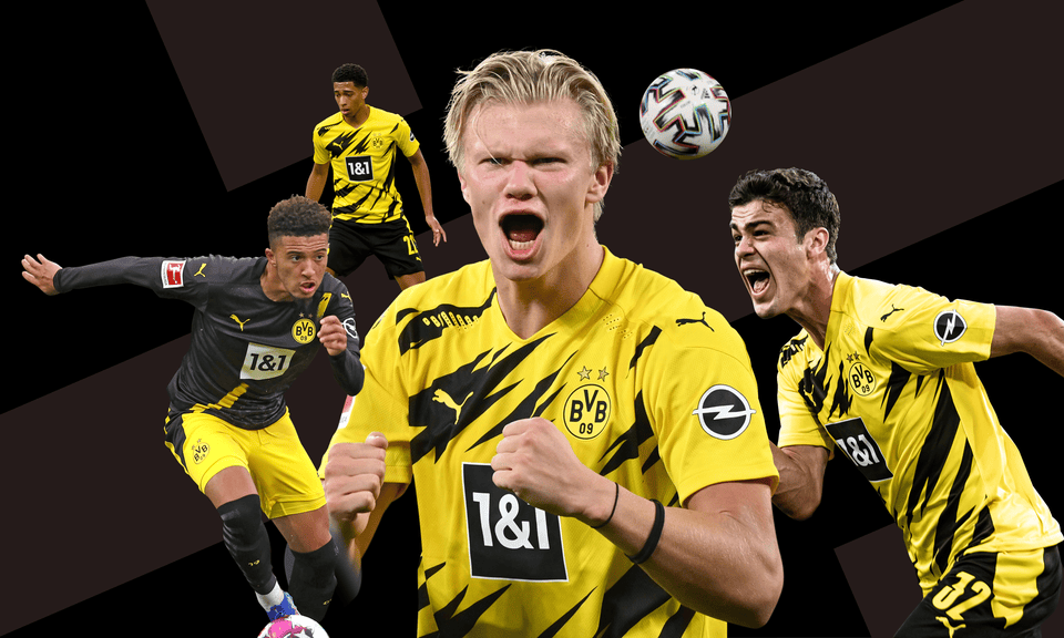 Erling Braut Haaland, with (clockwise from left) Jadon Sancho, Jude Bellingham and Gio Reyna.