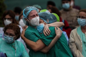 Susana Vera: Everything’s going to be fineHealth workers embrace during a tribute to colleague Esteban Peñarrubia, an ICU nurse at the Severo Ochoa Hospital in Leganés who died after being infected with coronavirus