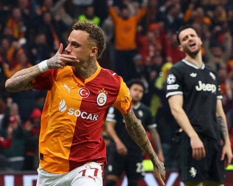 Galatasaray's Noa Lang celebrates scoring their second goal as Juventus' Federico Gatti looks dejected.