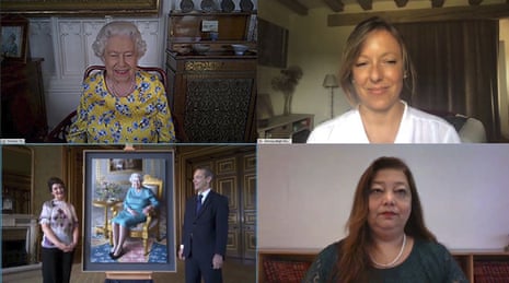Britain’s Queen Elizabeth II, top left, in Windsor, England, during a video link call for a ‘virtual’ visit to the Foreign and Commonwealth Office, FCO, in London, to speak to members of staff and watch the official unveiling of a new portrait of herself by artist Miriam Escofet, seen bottom left.