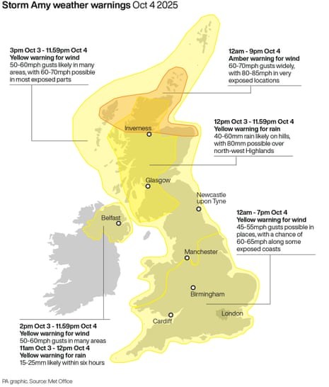 Storm Amy weather warnings for the UK.