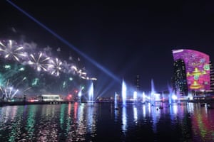 Fireworks illuminate Dubai Festival City in the Gulf emirate
