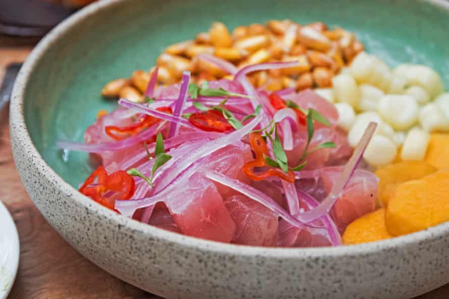 Close-up shot of delicious traditional Peruvian ceviche in the restaurant