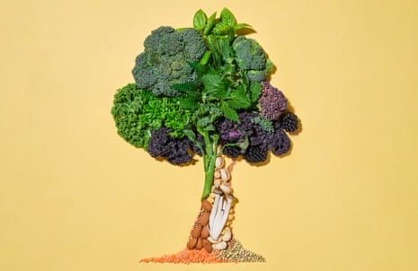 Collage of tree made from vegetables