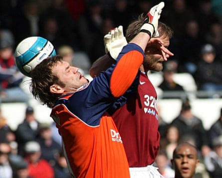 Roy Carroll is put under pressure by Olof Mellberg that results in the first of six Aston Villa goals against Derby County in April 2008.