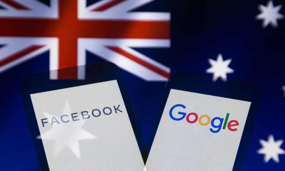 Illustration photo – logos of Facebook and Google on smartphone screen backdropped by flag of Australia