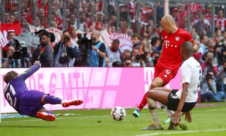 Bayern Munich’s Arjen Robben scores their fifth goal.