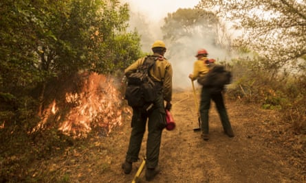 Firefighters from Vandenberg air force base monitor a controlled burn to help slow the Dolan Fire at Limekiln State Park in Big Sur, California, on Friday.