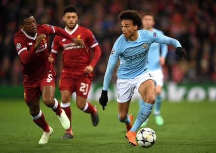 Leroy Sané of Manchester City is challenged by Georginio Wijnaldum of Liverpool in the Champions League in April 2018.