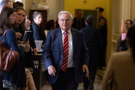 Democratic Senator of New Jersey Bob Menendez (C) leaves a closed-door meeting with Senate Democrats on Capitol Hill in Washington, DC, USA, 04 October 2023.