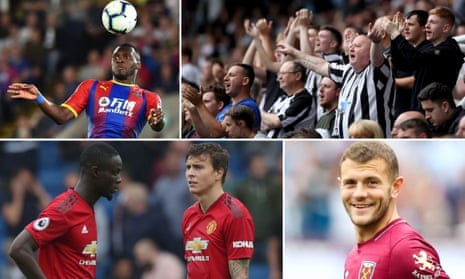 Clockwise from top left: Crystal Palace striker Christian Benteke, Newcastle United supporters, West Ham’s Jack Wilshere and Manchester United defenders Eric Bailly and Victor Lindelöf.