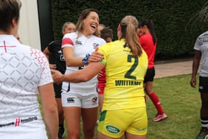 Gustaitis and Sharni Williams, captain of the Australian team, joke around in Hamilton, New Zealand this year.