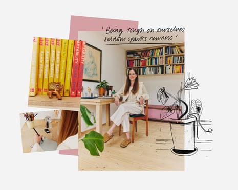 Collage: Annie Ridout sitting at her desk, books on a shelf, using the reMarkable, a sketch of flowers in a pot