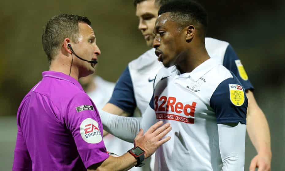 Preston North End’s Darnell Fisher remonstrates with referee David Webb at the final whistle on Saturday
