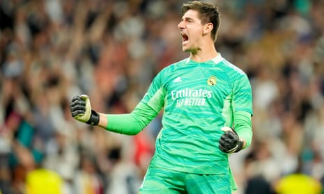 Real Madrid's Thibaut Courtois celebrates after the win over Manchester City in the semi-final