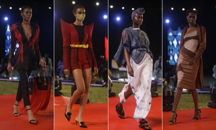 Models display designs by Weiz Dhurm Franklyn (far left and far right), DNA by Iconic Invanity (second left) and Bibi (third left) during the Arise fashion week in Lagos, Nigeria.