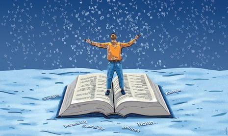 An illustration of a man standing on the middle pages of an open dictionary with his arms out and words falling like snow