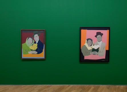Two of the suite of three paintings entitled Los Suicidas del Sisga, 1965, by Beatriz Gonzalez, as shown at her 2025-26 retrospective at Pinacoteca de São Paulo.