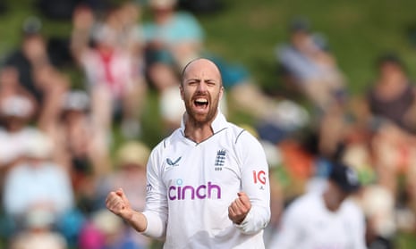 England’s Jack Leach takes a moment to relish his fifth wicket, of New Zealand’s Tom Blundell, during day four at the Basin Reserve.