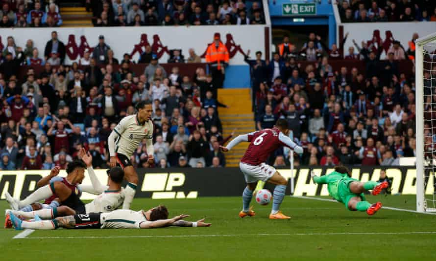 Aston Villa’s Douglas Luiz scores their first goal.