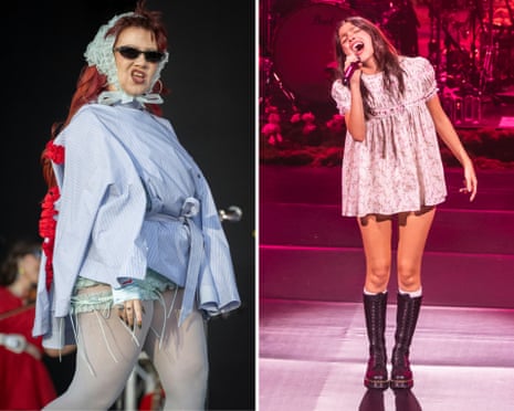A composite image of the pop stars CMAT, wearing a shirt-smock and lace bonnet, and Olivia Rodrigo, wearing a floral babydoll dress, performing live