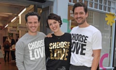 Actors Andrew Scott, Phoebe Waller-Bridge and Ben Aldridge volunteer at a Choose Love shop in London, December 2019. 